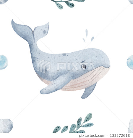 Whale with algae and bubbles. Seamless watercolor pattern, hand drawn on a white background. For packaging, design, wallpaper, wrapping paper. Marine children's theme. Whale with algae and bubbles. Seamless watercolor pattern, hand drawn on a white background. For packaging, design, wallpaper, wrapping paper. Marine children's theme. 133272618