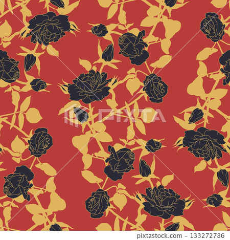Vintage seamless pattern with hand drawn black rose flowers on red background 133272786