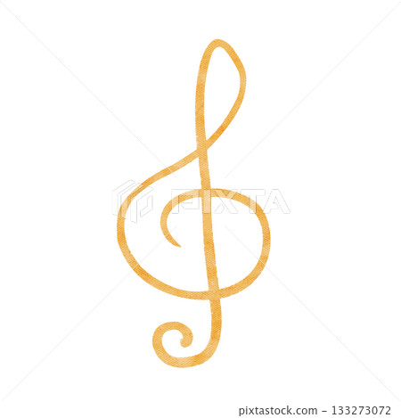 Treble clef watercolor illustration isolated on white. Minimalistic musical element ideal for educational materials, posters, stationery, and creative compositions focused on music themes. Golden tone 133273072