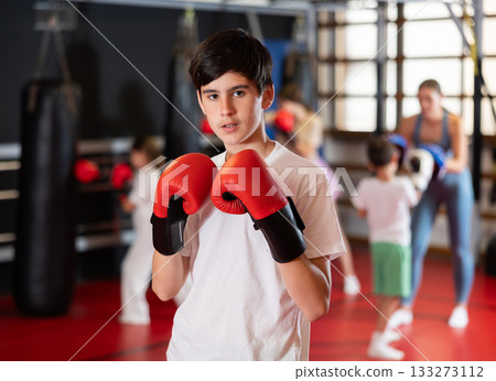 Teenage boy with boxing gloves in gym 133273112