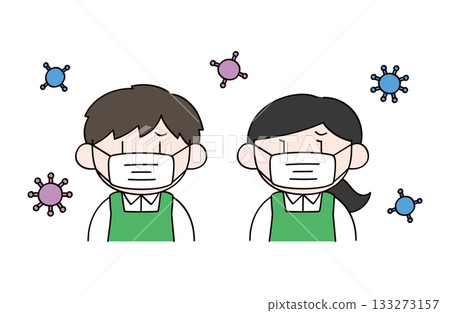 Illustration of a male and female supermarket clerk wearing a mask 133273157