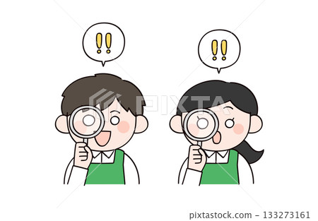 Illustration of a male and female supermarket clerk looking through a magnifying glass Illustration of a male and female supermarket clerk looking through a magnifying glass 133273161