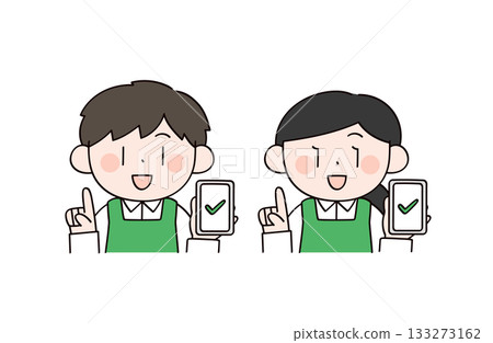 超市收銀員手持智慧型手機的男女插圖 133273162