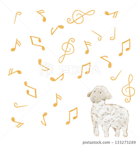 Lamb surrounded by musical notes. A gentle watercolor illustration on white background. For children themes, cards, nursery prints, lullaby designs, educational materials, whimsical creative projects 133273289