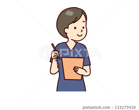 Woman in navy uniform listens 133273410