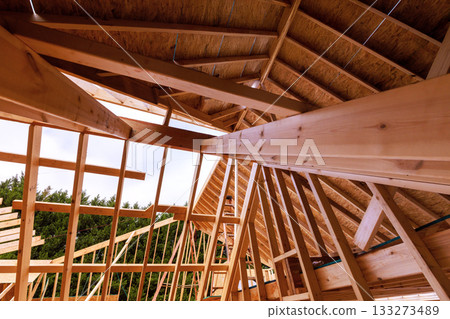 Construction framework roof truss wooden beams in house under renovation studs joist 133273489
