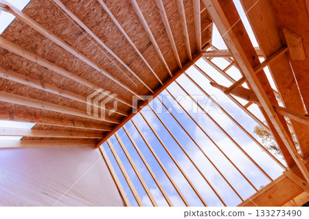 Construction of modern home featuring an open roof framing 133273490