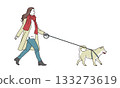 Illustration of a young woman walking with a medium-sized dog Illustration of a young woman walking with a medium-sized dog 133273619