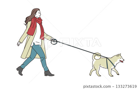 Illustration of a young woman walking with a medium-sized dog Illustration of a young woman walking with a medium-sized dog 133273619