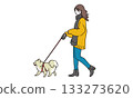 Illustration of a young woman walking with a small dog Illustration of a young woman walking with a small dog 133273620