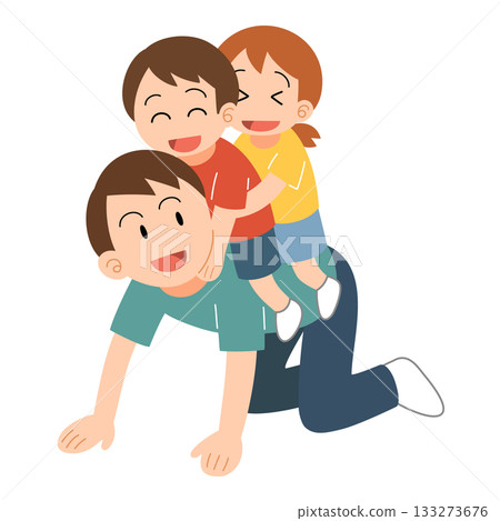 Illustration of a father carrying his children on his back Illustration of a father carrying his children on his back 133273676