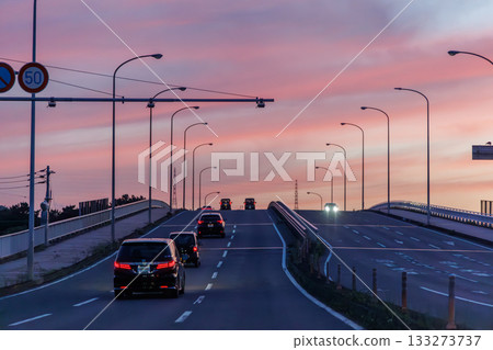 Sanukihama Kaido in the sunset (Sakaide City, Kagawa Prefecture) 133273737