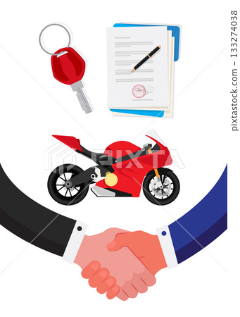 Illustration concept of a salesman shaking hands with a buyer of a sport bike and insurance. Illustration concept of a salesman shaking hands with a buyer of a sport bike and insurance. 133274038