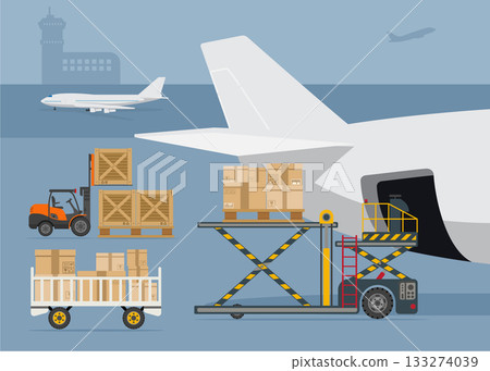 Loading boxes to flight aircraft stock illustration. 133274039