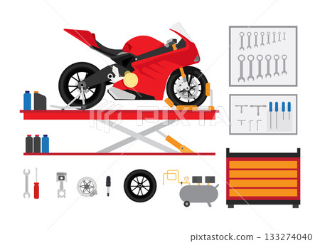 Motorcycle service and repair vector icon set. Stock illustration. Motorcycle service and repair vector icon set. Stock illustration. 133274040