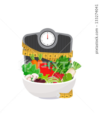 Scales with Fresh vegetables on on white background. stock illustration Scales with Fresh vegetables on on white background. stock illustration 133274041