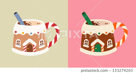 Vector illustration of cute Christmas mug shaped like gingerbread houses with candy cane handles and hot chocolate inside in two colors. Festive holiday design for cards, stickers, and seasonal decor Vector illustration of cute Christmas mug shaped like gingerbread houses with candy cane handles and hot chocolate inside in two colors. Festive holiday design for cards, stickers, and seasonal decor 133274203