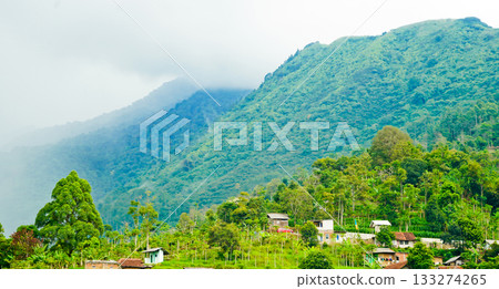 beautiful view of a village at the foot of a hill covered in mist 133274265
