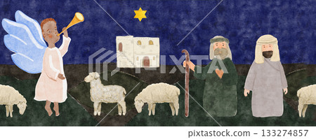 Nativity shepherds, angels, Bethlehem house and sheep. Hand-painted watercolor seamless border on dark background. Perfect for Christmas cards, Sunday school, banners, textile and Christian decor 133274857