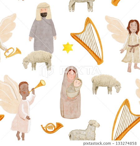Nativity elements angels, Mary and baby, shepherd, angels, sheep, stars, and musical instruments. Seamless Christmas watercolor pattern ideal for fabrics, wrapping paper, cards, Christian projects Nativity elements angels, Mary and baby, shepherd, angels, sheep, stars, and musical instruments. Seamless Christmas watercolor pattern ideal for fabrics, wrapping paper, cards, Christian projects 133274858