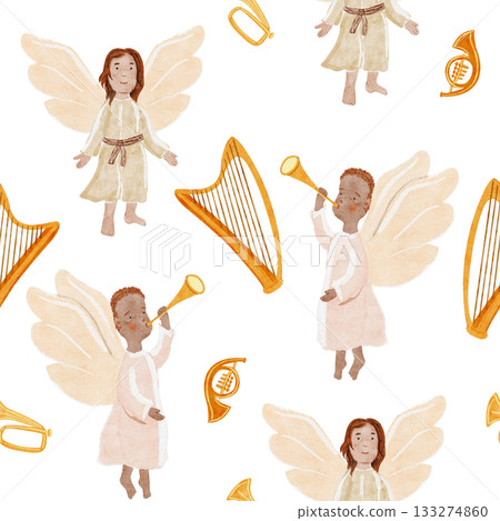 Angels with instruments a golden trumpet, harp, symbolizing diversity and holiday joy. Perfect for Christmas cards, decor, inclusive projects. Watercolor seamless pattern isolated on white background Angels with instruments a golden trumpet, harp, symbolizing diversity and holiday joy. Perfect for Christmas cards, decor, inclusive projects. Watercolor seamless pattern isolated on white background 133274860