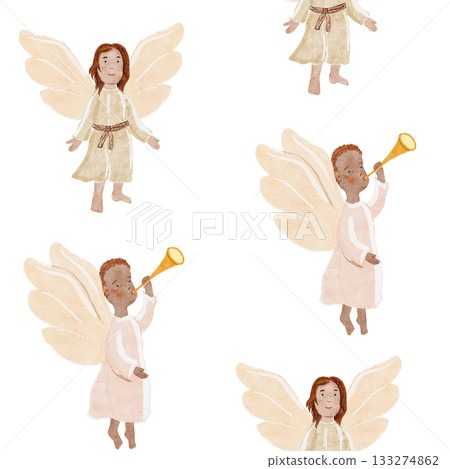 Angels in beige robes, blowing a golden trumpet, spread wings, symbolizing peace, diversity and joy. Perfect for Christmas cards, decor, inclusive projects. Watercolor illustration isolated on white 133274862
