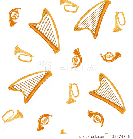 Golden harps and brass horns arranged in a rhythmic musical layout. Watercolor seamless pattern. Hand-painted clip art on white, ideal for festive textiles, wrapping paper, cards, creative projects Golden harps and brass horns arranged in a rhythmic musical layout. Watercolor seamless pattern. Hand-painted clip art on white, ideal for festive textiles, wrapping paper, cards, creative projects 133274866