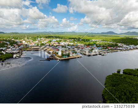 Colorful coastal town with houses, port and fishing boats surrounded by tropical greenery and distant hills. Siargao, Philippines. Colorful coastal town with houses, port and fishing boats surrounded by tropical greenery and distant hills. Siargao, Philippines. 133275039