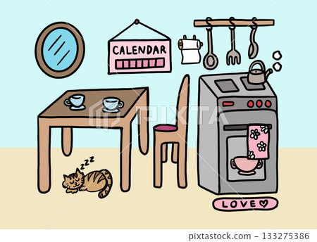 Cute hand drawn vector illustrations of kitchen with oven, table, chair, tea pot, stove, towel, hanging calendar on the wall, mirror, spoon, fork, ladle, sleeping cat, tea cups, LOVE mat, tissue	 133275386