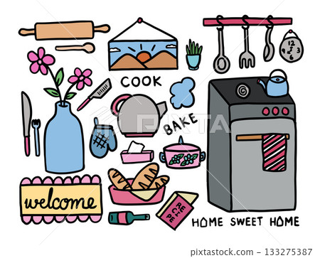 Cute hand drawn vector illustrations of oven, kitchenware, hanging picture, breads, welcome mat, recipe book, champagne bottle, rolling pin, flower and vase, oven glove, tea pot, tissue papers, knife 133275387