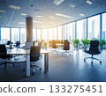 The interior of a modern vacant office with natural light streaming in. A bright workspace with desks and chairs, perfect for corporate and business use. 133275451
