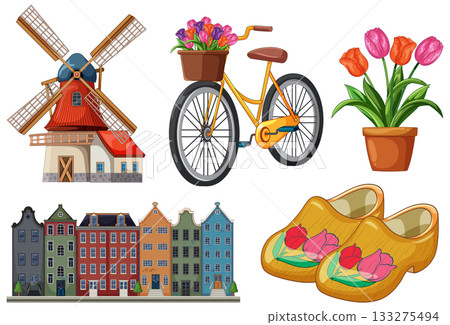 Dutch Icons Collection with Windmill, Bicycle, Tulips, and Wooden Shoes 133275494