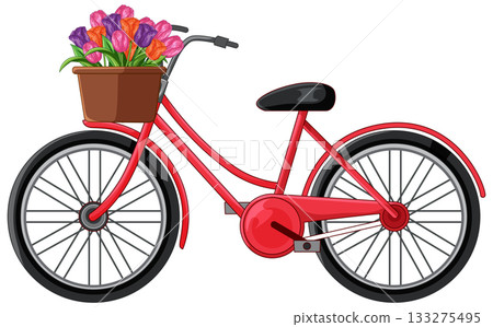 Red Bicycle with Basket of Colorful Tulips Illustration Red Bicycle with Basket of Colorful Tulips Illustration 133275495
