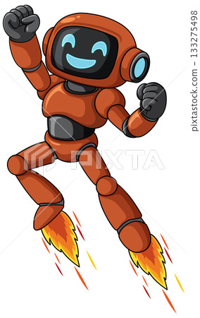 Happy Cartoon Robot Flying with Jetpack Flames Happy Cartoon Robot Flying with Jetpack Flames 133275498