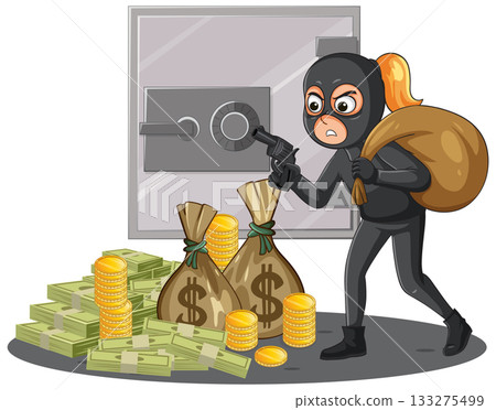 Female Burglar Robbing Bank Vault with Money Bags 133275499