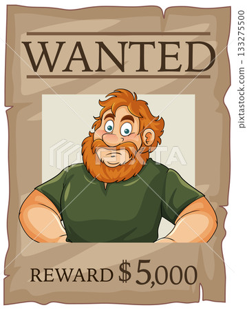Cartoon Wanted Poster With Bearded Man and Reward 133275500