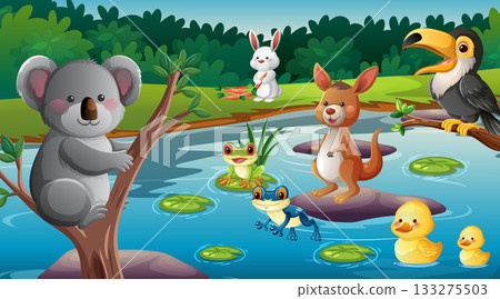 Australian Animals Gathering at Forest Pond in Cartoon Style Australian Animals Gathering at Forest Pond in Cartoon Style 133275503