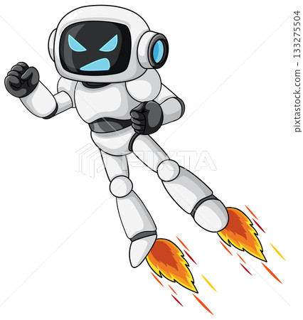 Cartoon Robot Flying with Jetpack Flames and Angry Expression 133275504