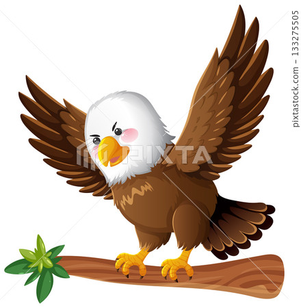 Cartoon Bald Eagle Spreading Wings on Tree Branch 133275505
