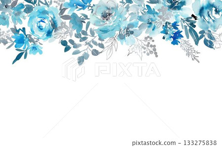 Abstract blue rose and line drawing painted in watercolor, floral vector background illustration 133275838