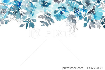 抽象藍玫瑰和線條水彩畫，花卉向量背景插圖 133275839