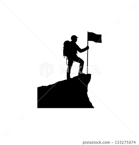hiker climbing mountain silhouette icon man with flag illustration 133275874