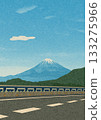 一幅拼貼風格的富士山插圖，展現了從高速公路上看到的富士山，天空湛藍晴朗。 133275966