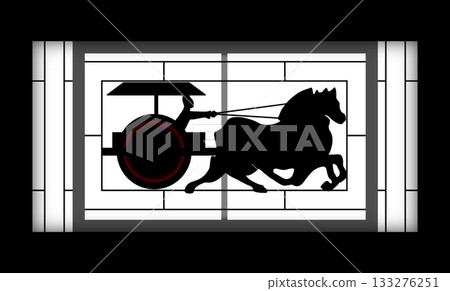 Silhouette artwork of a Qin era chariot warrior pulled by a galloping horse, designed in a modern stained glass style with bold geometric framing and a dramatic glowing wheel accent Silhouette artwork of a Qin era chariot warrior pulled by a galloping horse, designed in a modern stained glass style with bold geometric framing and a dramatic glowing wheel accent 133276251