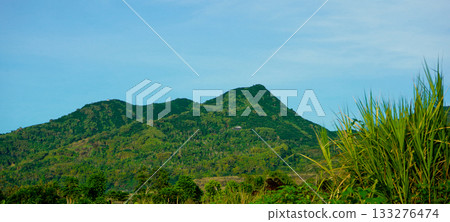 A beautiful view of a village at the foot of a mist-shrouded hill A beautiful view of a village at the foot of a mist-shrouded hill 133276474