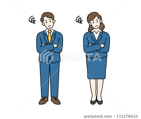 Full-body illustration of a worried man and woman in a suit, with their arms folded Full-body illustration of a worried man and woman in a suit, with their arms folded 133276610