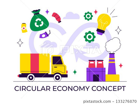 Circular Economy Vector Illustration to Maintain the Value of Products, Raw Materials and Resources by Eliminating Waste and Pollution in a Background Circular Economy Vector Illustration to Maintain the Value of Products, Raw Materials and Resources by Eliminating Waste and Pollution in a Background 133276870