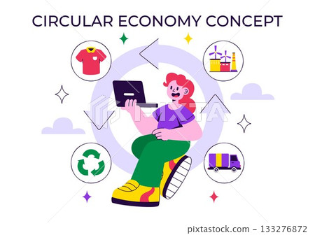 Circular Economy Vector Illustration to Maintain the Value of Products, Raw Materials and Resources by Eliminating Waste and Pollution in a Background Circular Economy Vector Illustration to Maintain the Value of Products, Raw Materials and Resources by Eliminating Waste and Pollution in a Background 133276872