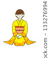 Yellow furisode kimono, sitting upright 133276994