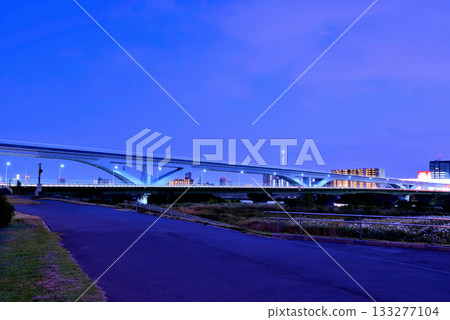 Night view of the Toneri Liner and Ogi Ohashi Bridge from the Arakawa River bank Night view of the Toneri Liner and Ogi Ohashi Bridge from the Arakawa River bank 133277104